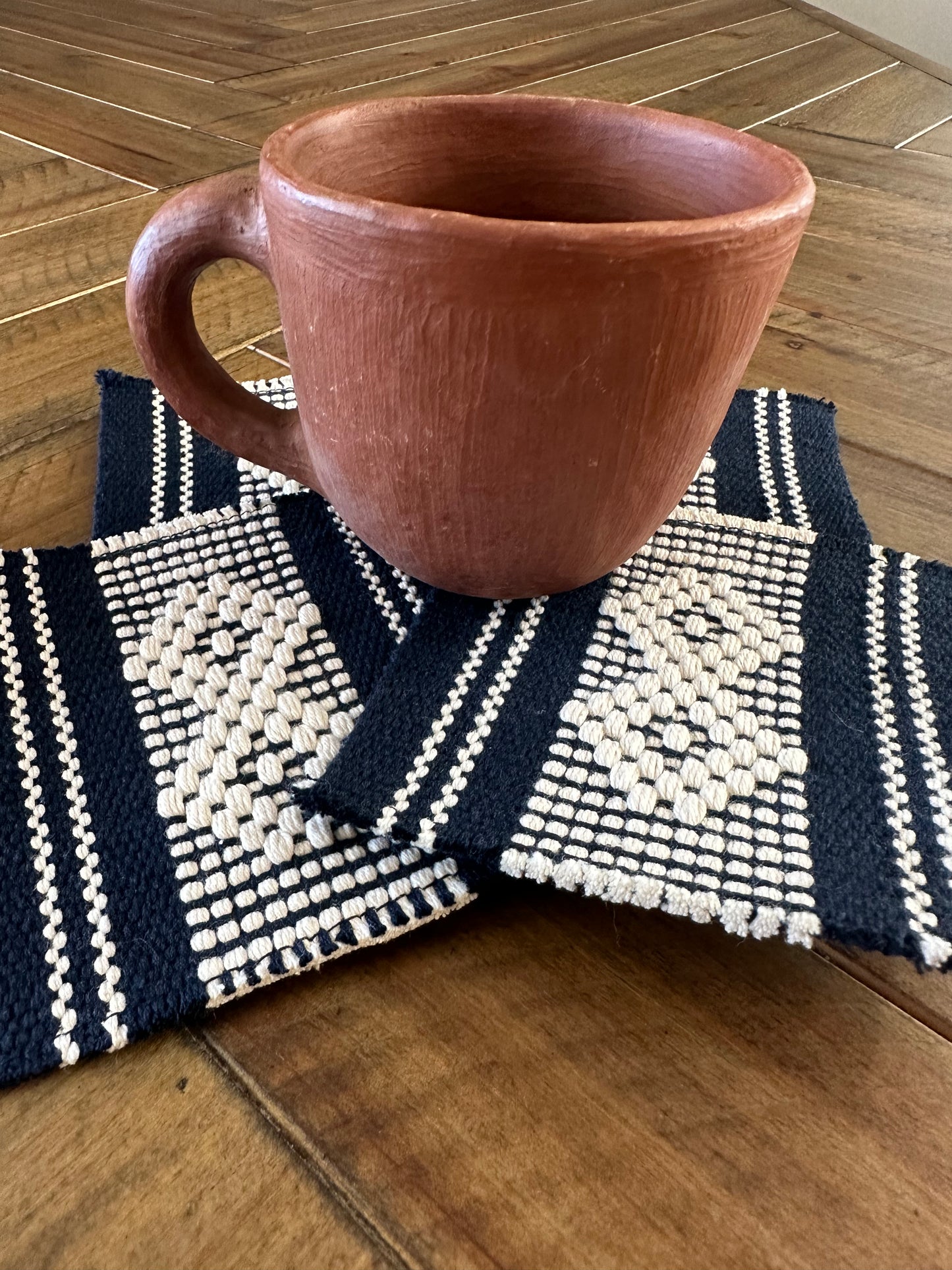 Waist Loom Woven Coasters - Navy Blue/White, Set of 4