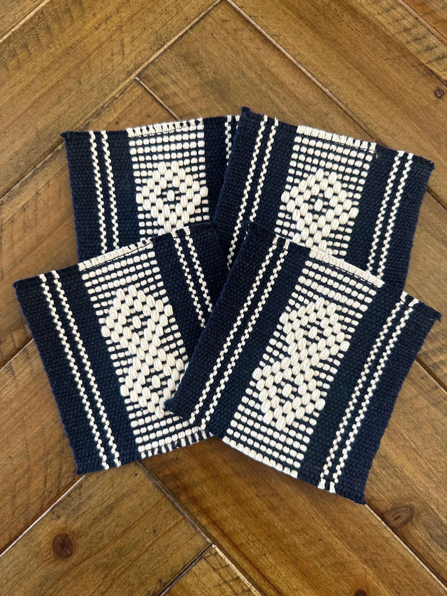 Waist Loom Woven Coasters - Navy Blue/White, Set of 4