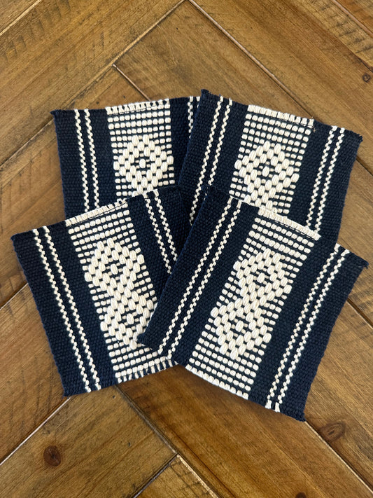 Waist Loom Woven Coasters - Navy Blue/White, Set of 4