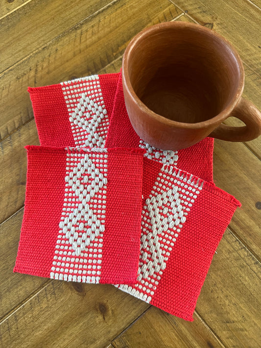 Waist Loom Woven Coasters - Red/Gray, Set of 4