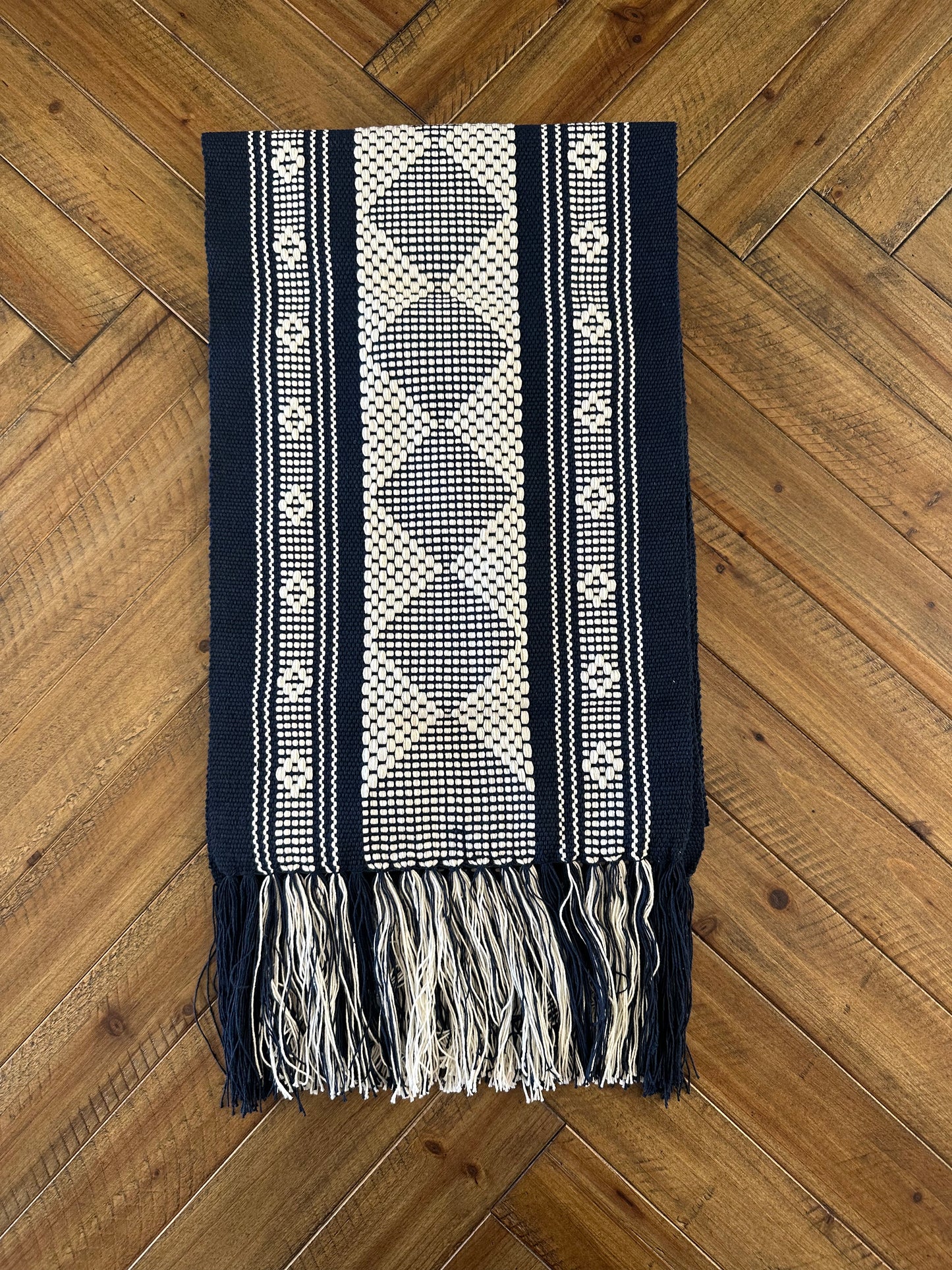 Waist Loom Woven Table Runner - Navy Blue/White