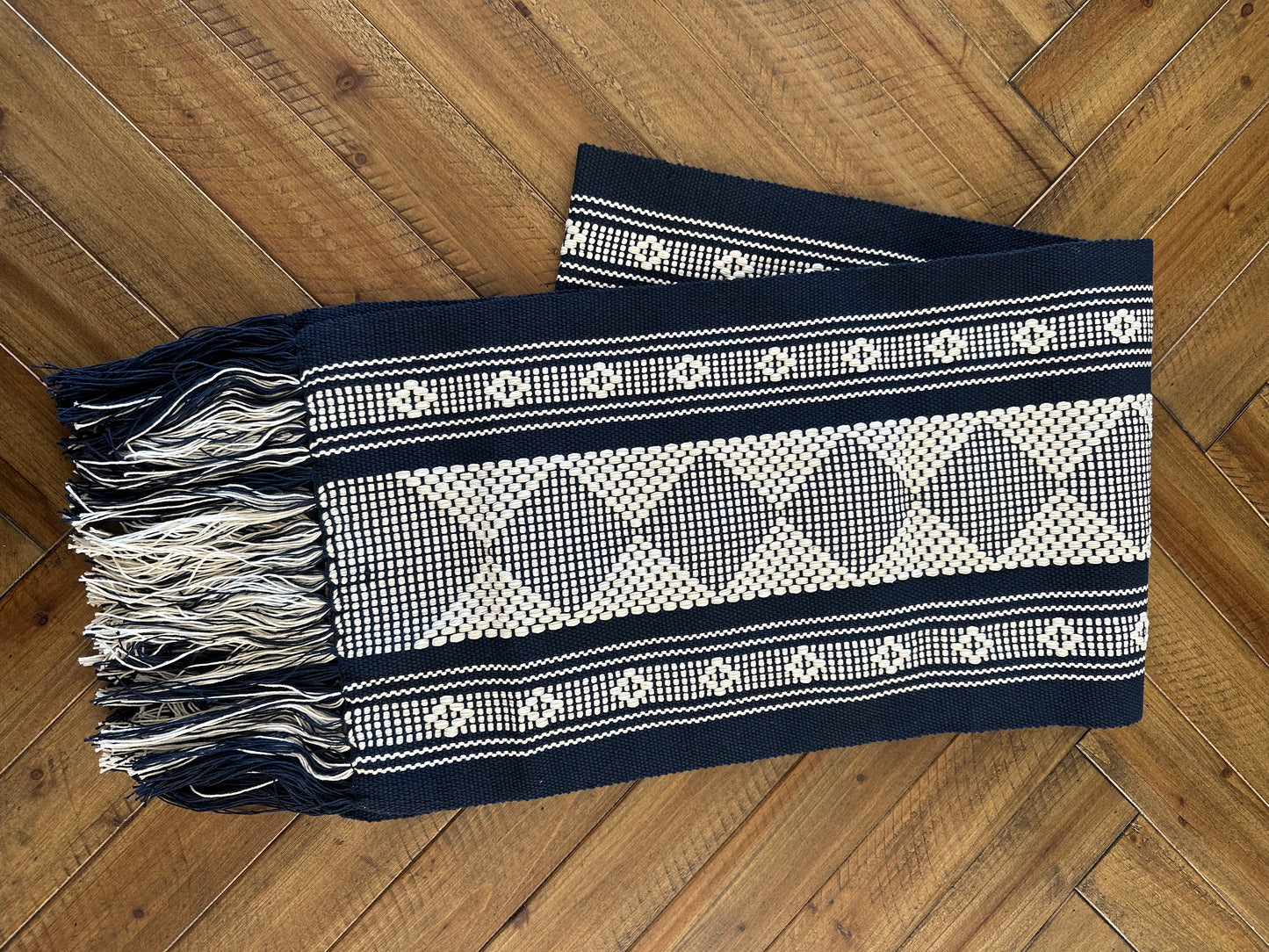 Waist Loom Woven Table Runner - Navy Blue/White