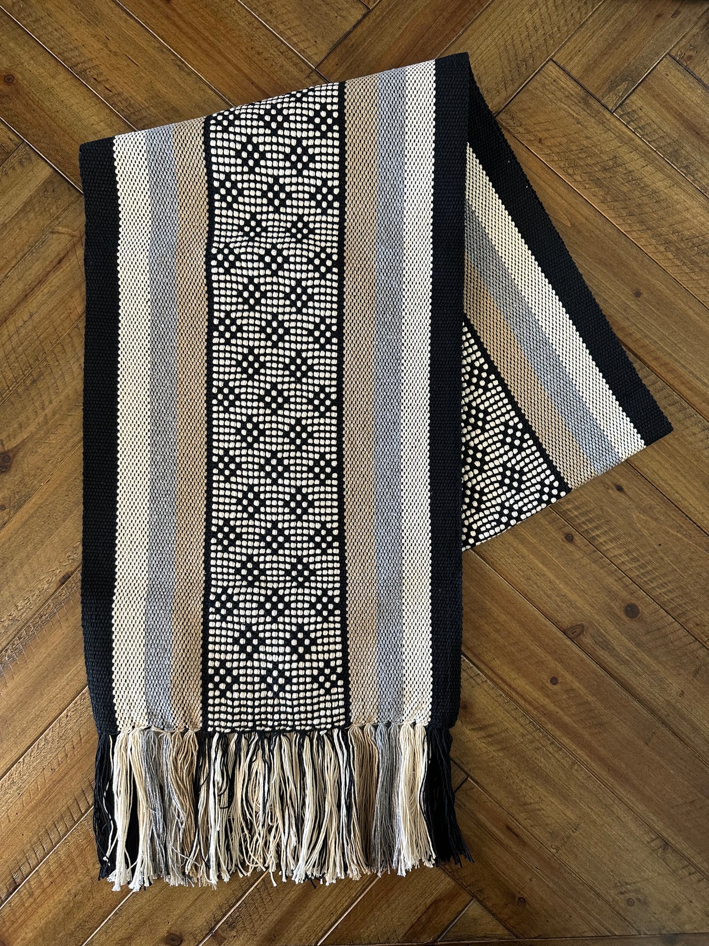 Waist Loom Woven Table Runner - Black/Gray/Khaki/Beige