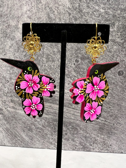 Copal Wood Hummingbird Hand Painted Earrings - Various Designs