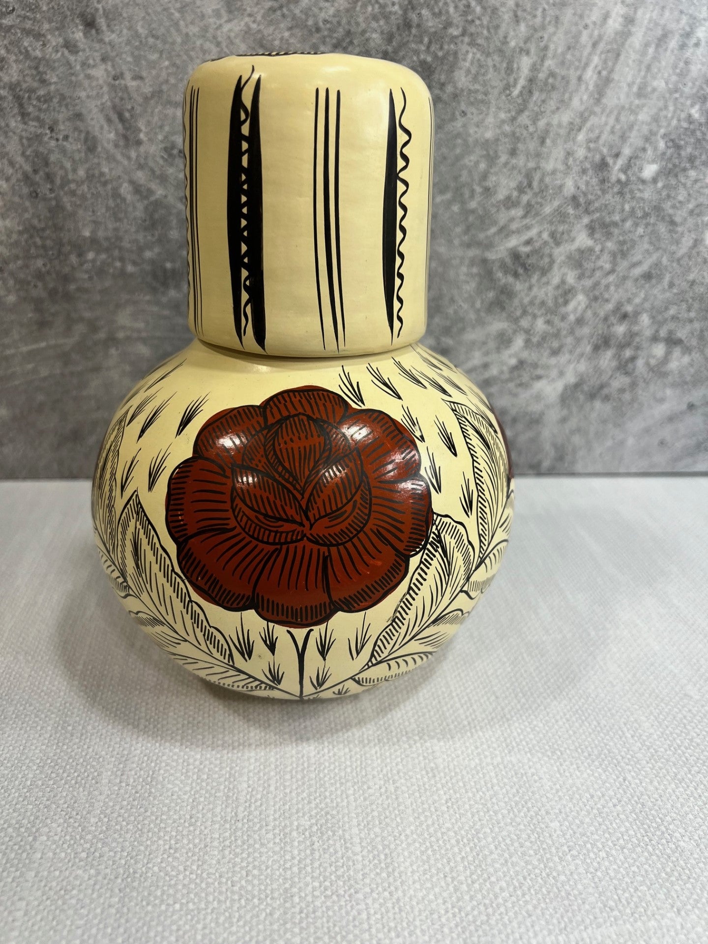 Huancito Hand Painted Water Jug w/ Cup - Cream with Red Flowers