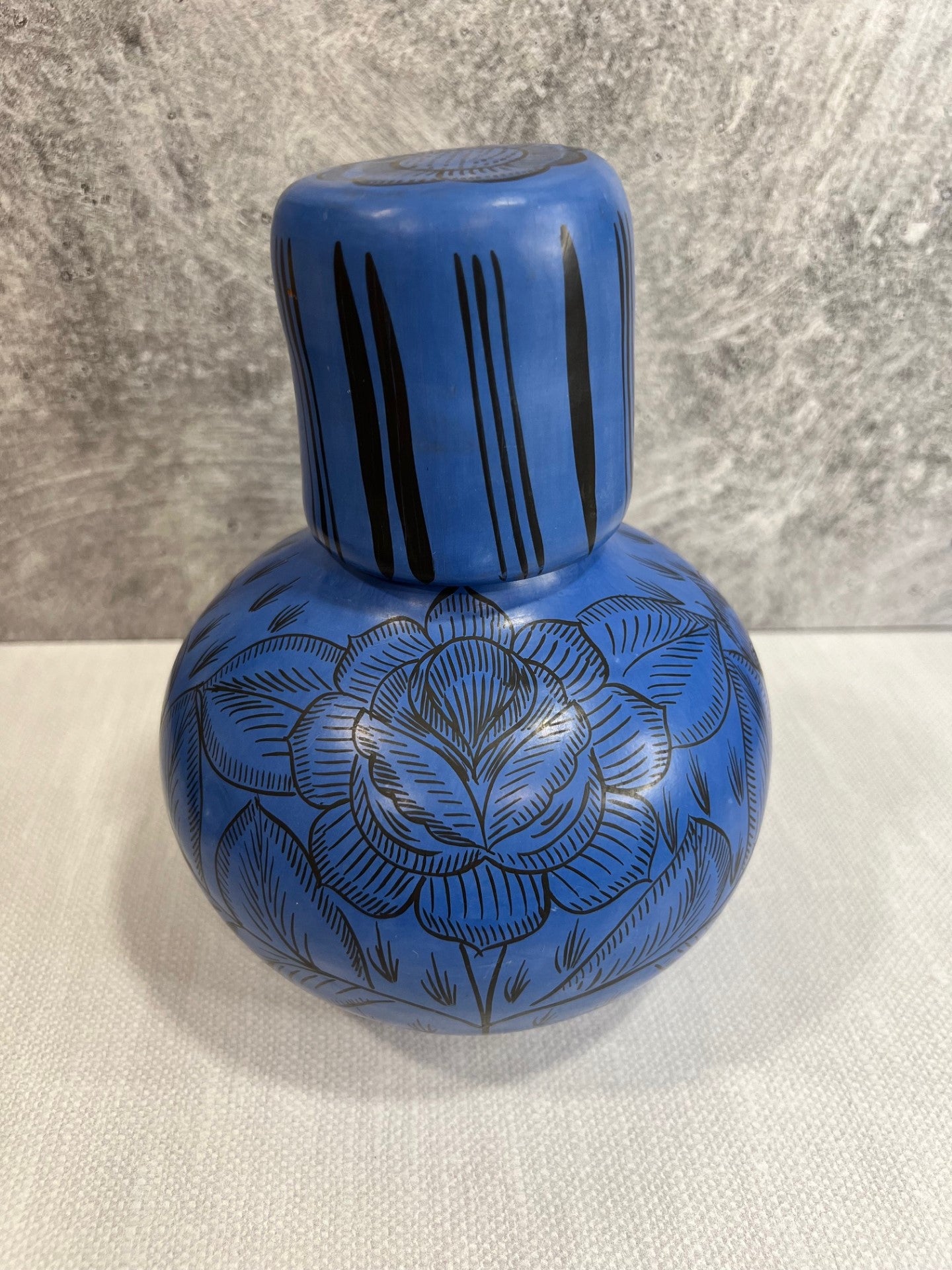 Huancito Hand Painted Water Jug w/ Cup - Blue