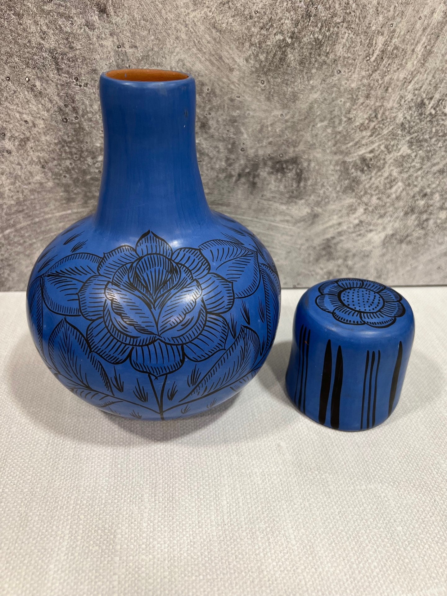 Huancito Hand Painted Water Jug w/ Cup - Blue