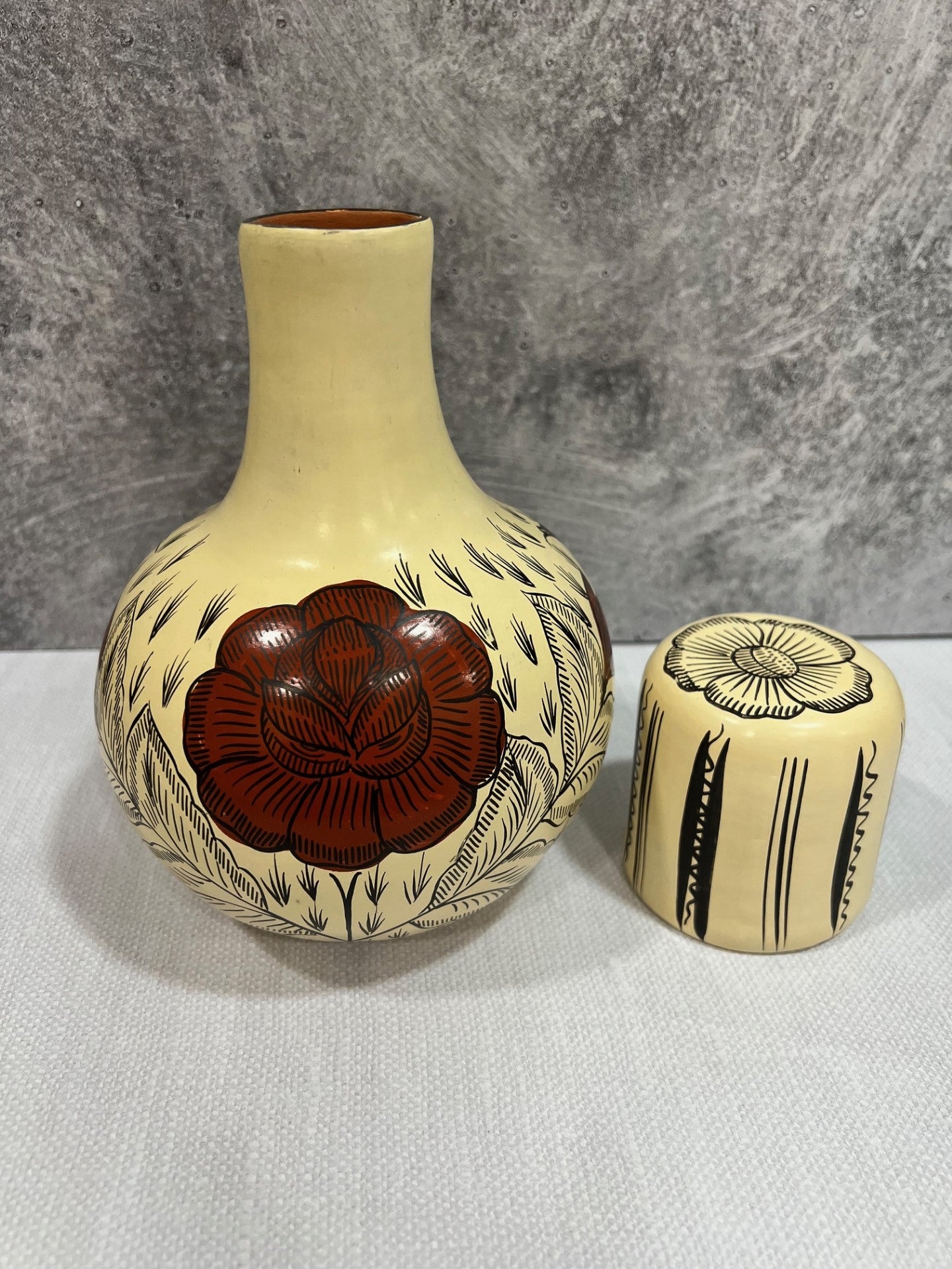 Huancito Hand Painted Water Jug w/ Cup - Cream with Red Flowers