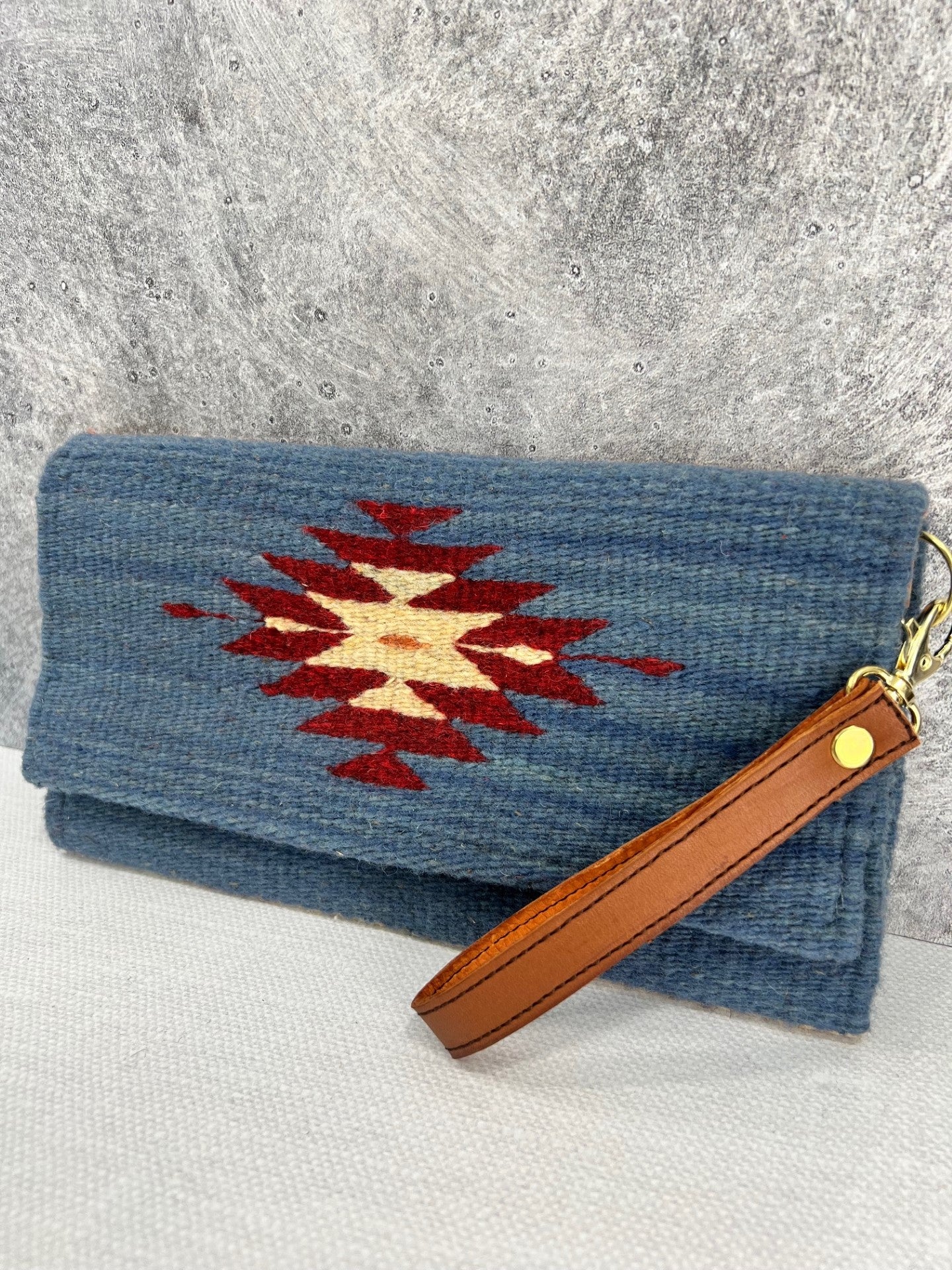 Teotitlan Wool Clutch Bag w/ Leather Wrist Strap - Denim Blue