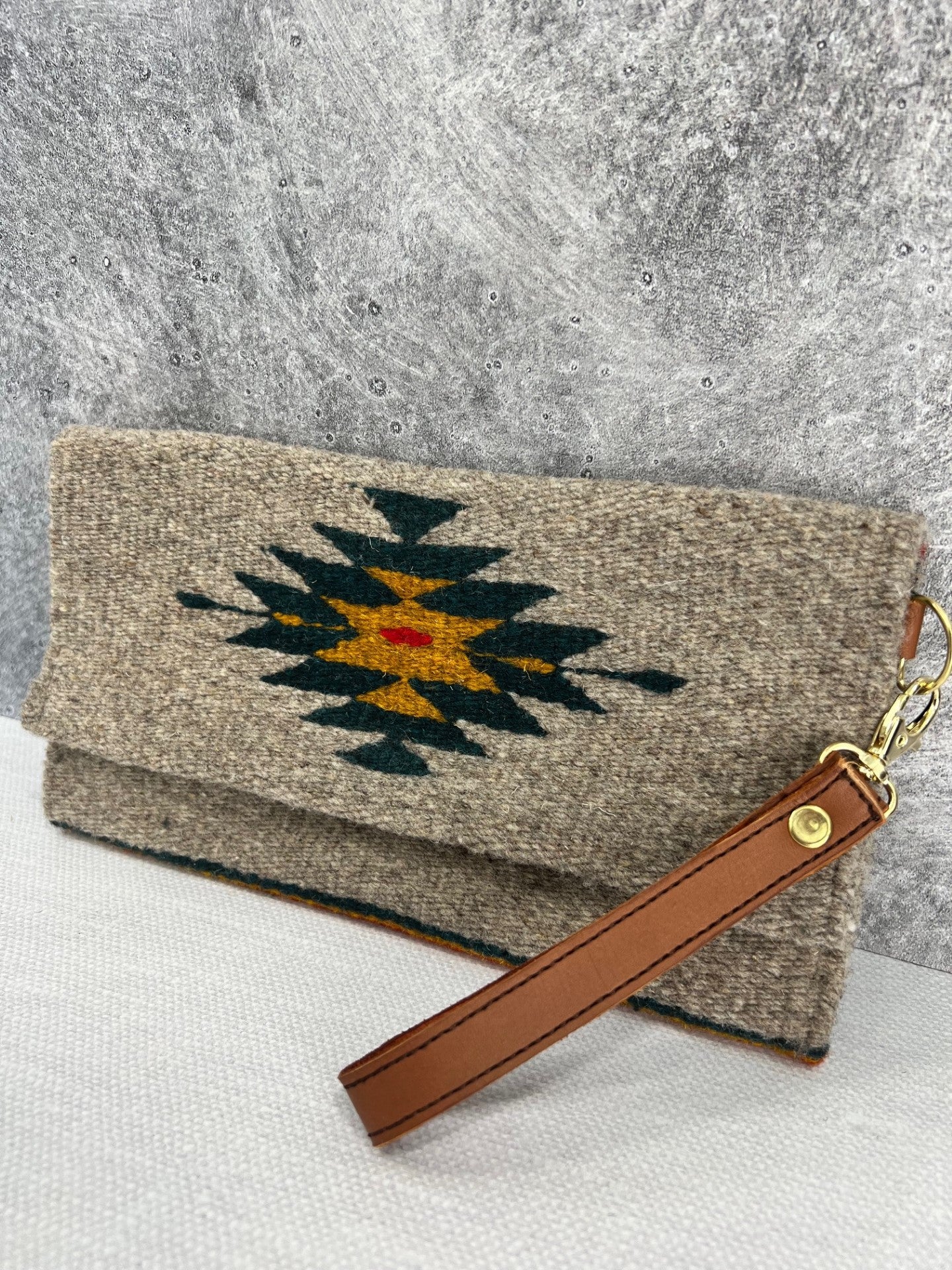 Teotitlan Wool Clutch Bag w/ Leather Wrist Strap - Gray