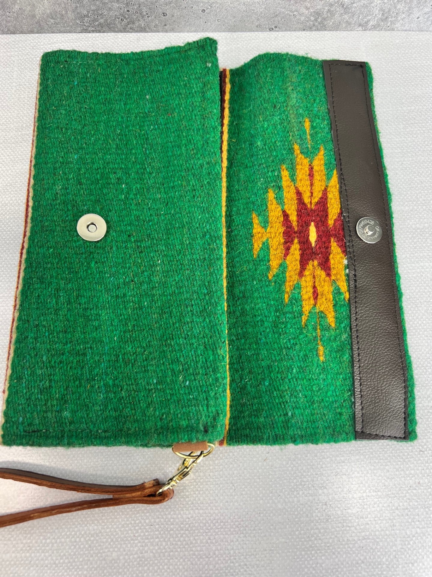 Teotitlan Wool Clutch Bag w/ Leather Wrist Strap - Green