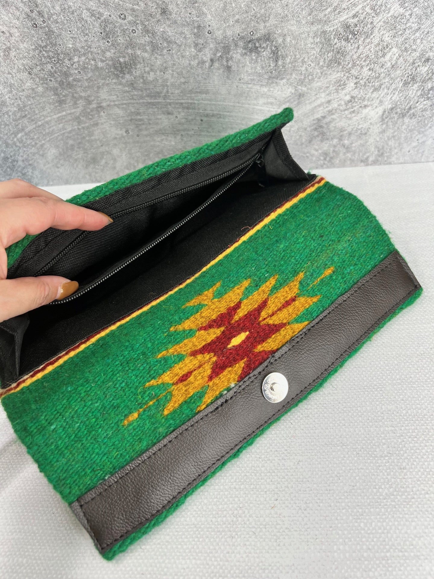 Teotitlan Wool Clutch Bag w/ Leather Wrist Strap - Green