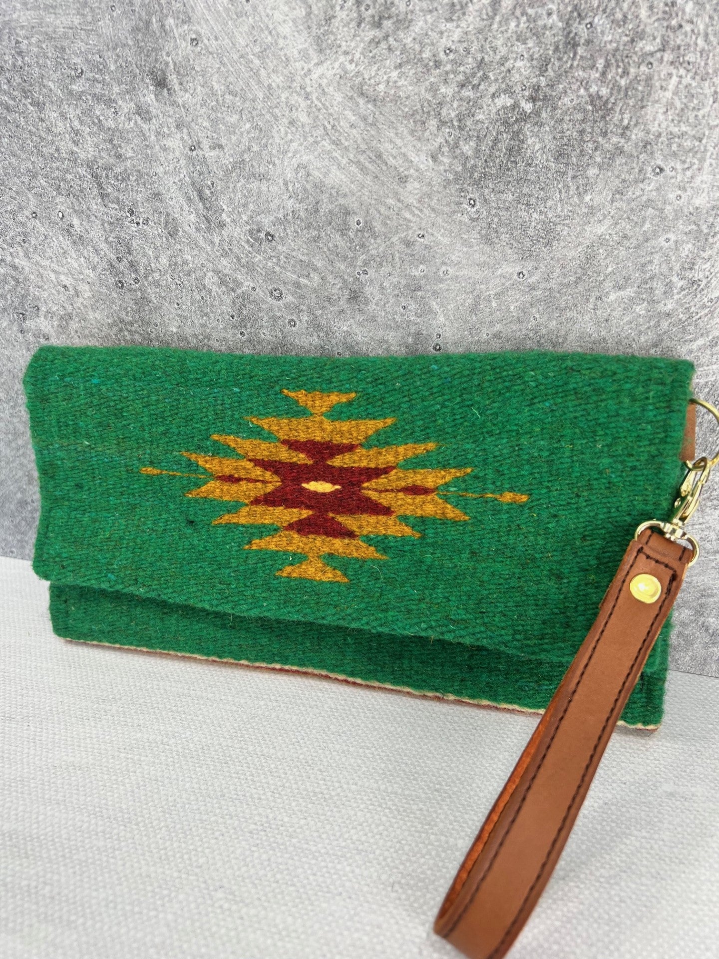 Teotitlan Wool Clutch Bag w/ Leather Wrist Strap - Green