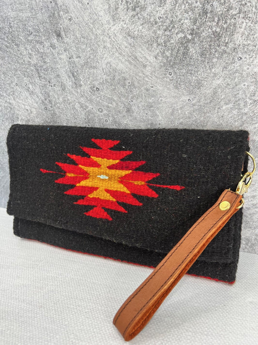 Teotitlan Wool Clutch Bag w/ Leather Wrist Strap - Black