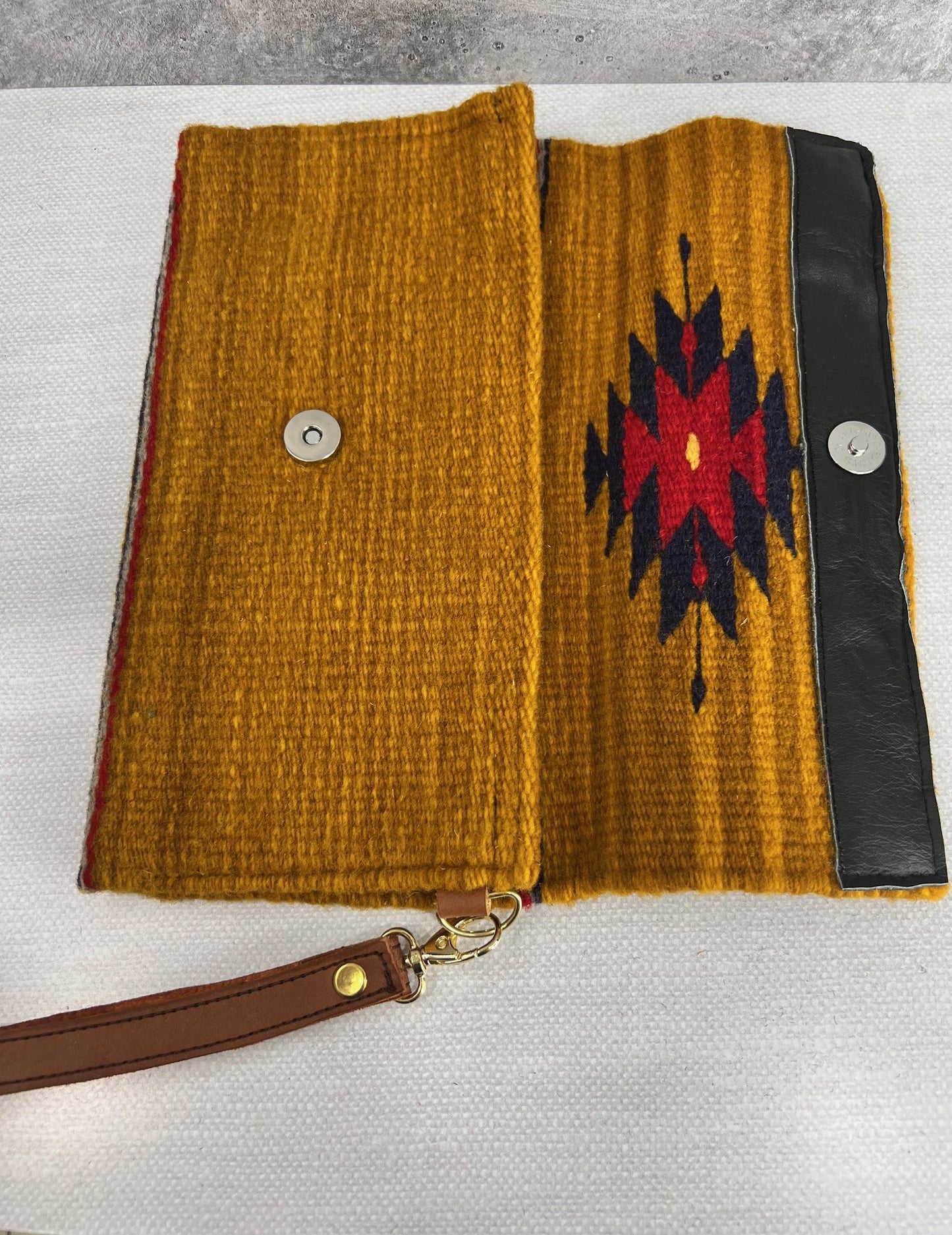 Teotitlan Wool Clutch Bag w/ Leather Wrist Strap - Dark Mustard