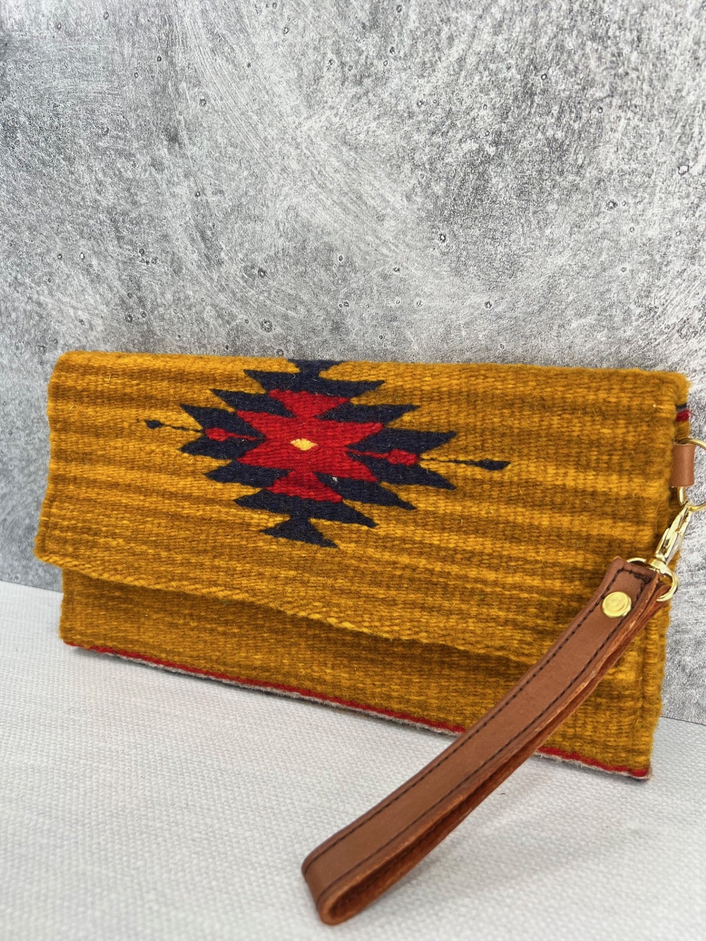 Teotitlan Wool Clutch Bag w/ Leather Wrist Strap - Dark Mustard