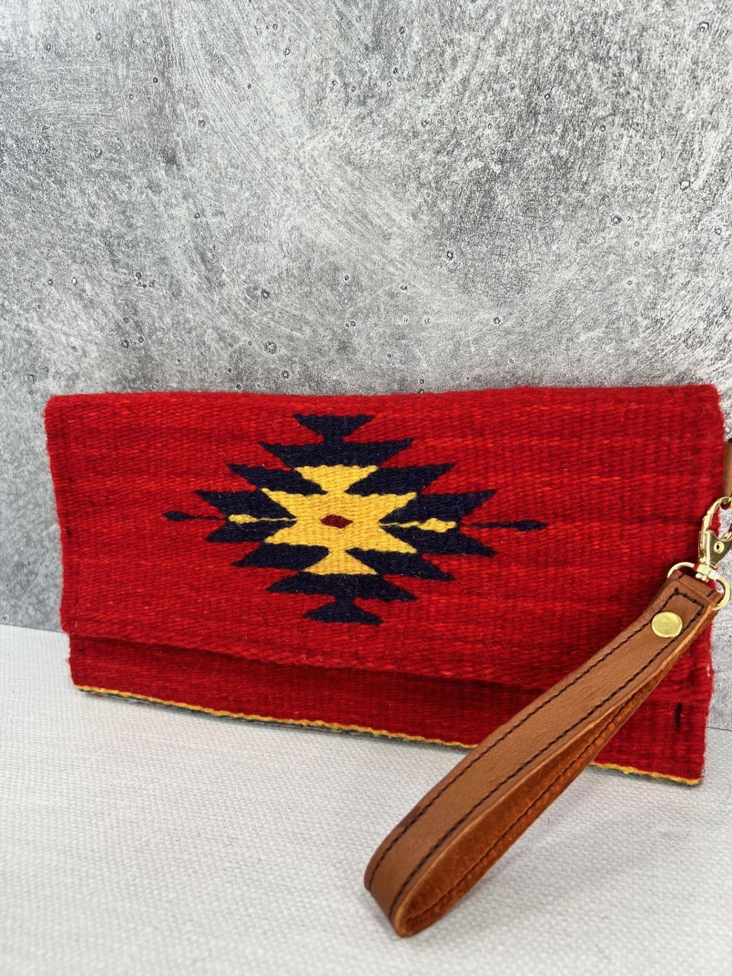 Teotitlan Wool Clutch Bag w/ Leather Wrist Strap - Red