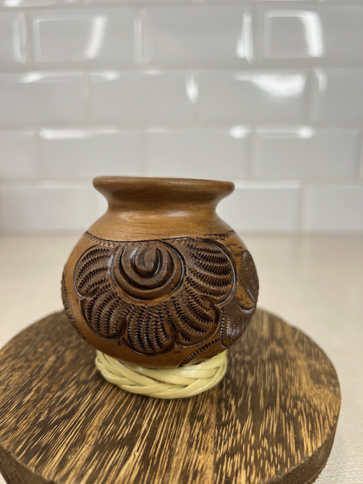 Carved Flowers Burnished Clay Mini Vase - Different Designs