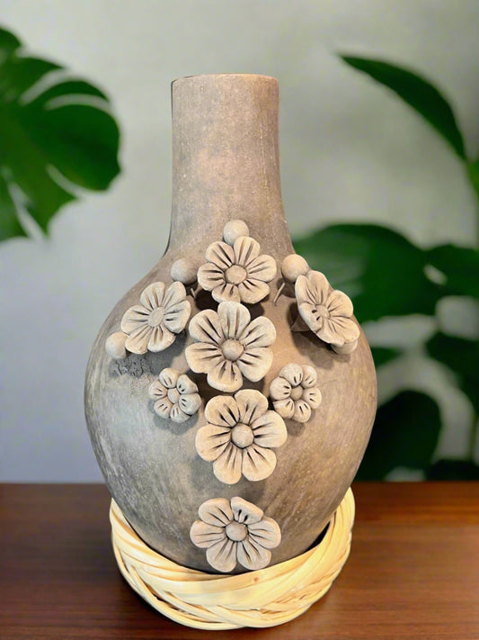 Atzompa Smoked Clay Vase w/ Flowers