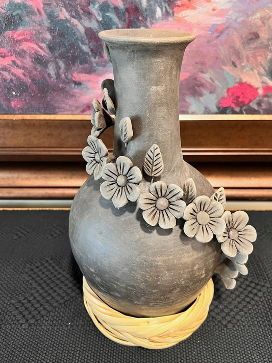 Atzompa Smoked Clay Vase w/ Flowers